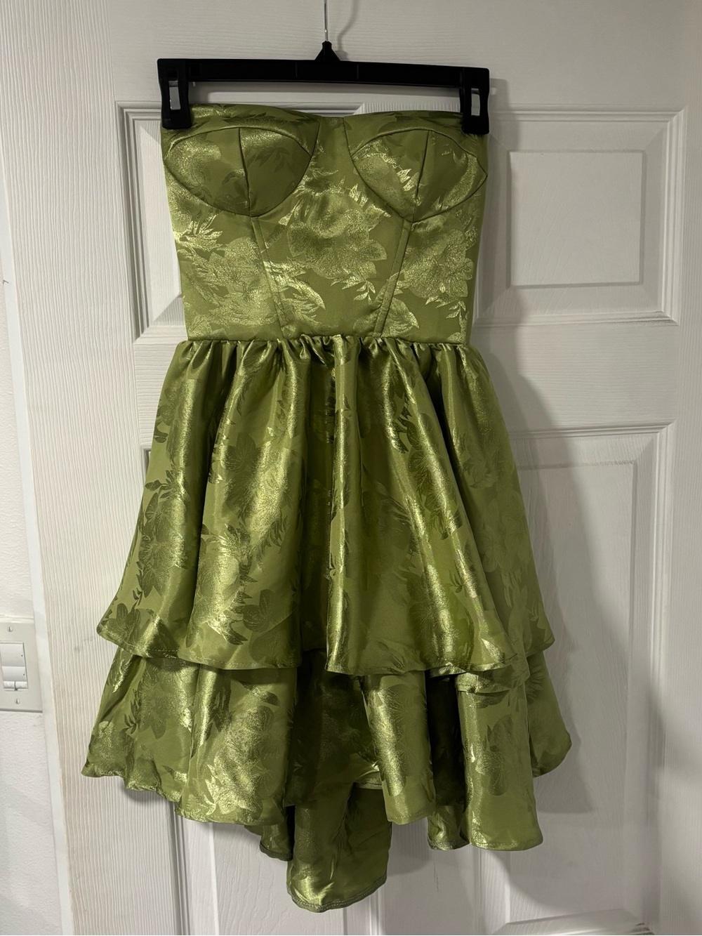 Women’s Strapless High-Low Floral Satin Dress - Olive Green NWT